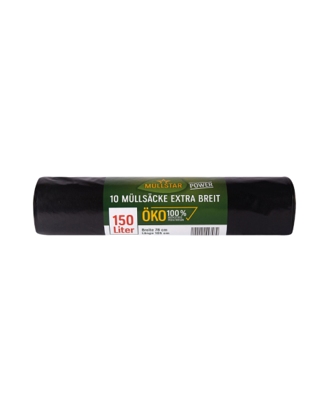 muellstar power Oeko Muellsaecke 150 Liter, extra stark, schwarz blickdicht, 78 mal 105 cm, 100 Prozent recyceltes Polyethylen, 10 Stueck